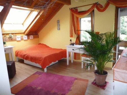 Un dormitorio con una cama y una planta. en Bed & Breakfast Wepfer, en Grüt