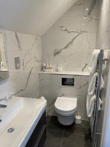 a white bathroom with a toilet and a sink at Crow How Country Guest House in Ambleside