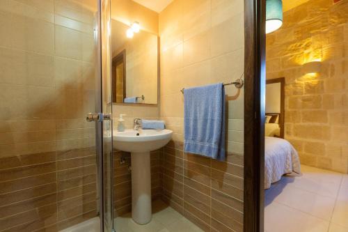 La salle de bains est pourvue d'un lavabo et d'une douche. dans l'établissement Andrea Luxury Holiday Farmhouse, à Munxar