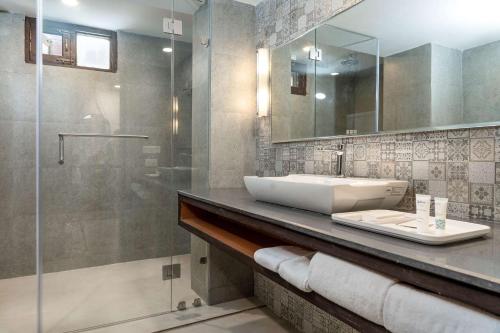 a bathroom with a sink and a shower at Country Inn Suites by Radisson Sonamarg in Sonāmarg