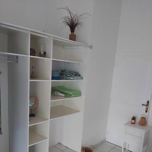 a white closet with white shelves and a plant at Le Biabiany in Bouillante