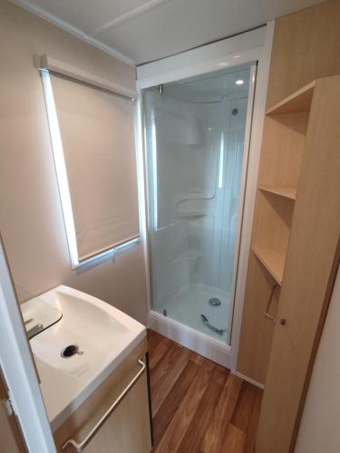 une salle de bain avec douche et lavabo dans l'établissement Smart Home Madrid mit Terrasse, Europapark, Rulantica 15min, à Boofzheim