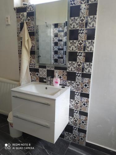 W łazience znajduje się biała umywalka i lustro. w obiekcie Napkelte Vendégház w Segedynie
