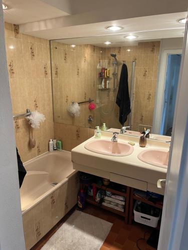 La salle de bains est pourvue d'un lavabo, d'une baignoire, d'un lavabo et d'un miroir. dans l'établissement BAY, à Cannes