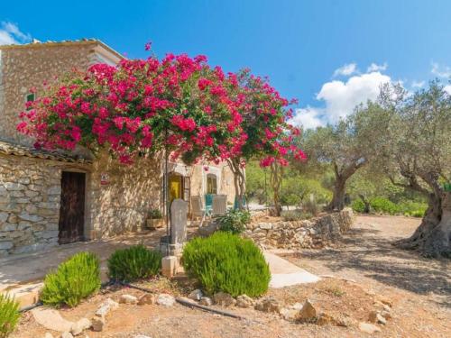 una casa de piedra con flores rosas. en Holiday Home Can Tiona by Interhome, en Andratx