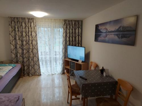 Zimmer mit einem Tisch, einem TV und einem Bett in der Unterkunft Apartment Homburg Uni-Nähe in Homburg
