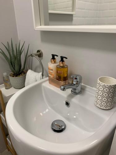 a white sink with two bottles of soap and a mirror at Stylish Brixham Apartment - Free on street parking in Brixham