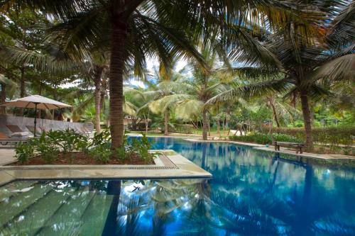 a swimming pool with palm trees in a resort at The Serai Kabini in Begūr