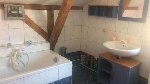 a bathroom with a bath tub and a sink at An der Glinze 