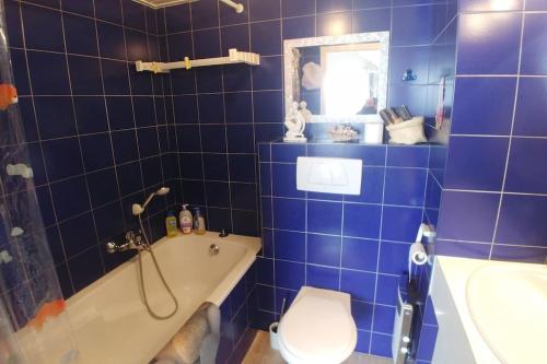 baño de azulejos azules con bañera y aseo en Lakefront. Appartement pieds dans l'eau. View and direct access to the lake., en Anthy