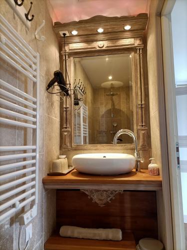 a bathroom with a sink and a mirror at Le Manoir aux Douves in Bazoges-en-Paillers