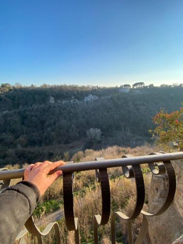 a person holding onto a rail looking out over a hill at La Sorpresa Monolocale con VISTA VALLATA in Pitigliano