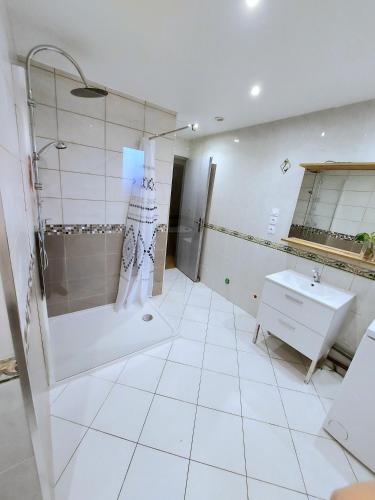 La salle de bains blanche est pourvue d'une douche et d'un lavabo. dans l'établissement K&N - Maison à partager avec d'autres voyageurs - Chambre privée - Jardin - Balcon, à Vaulx-en-Velin