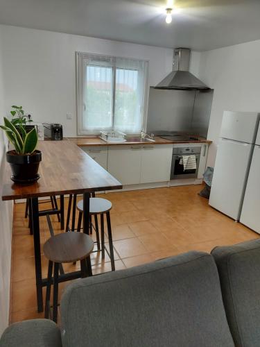 La cuisine est équipée d'une table, de chaises et d'un réfrigérateur. dans l'établissement K&N - Maison à partager avec d'autres voyageurs - Chambre privée - Jardin - Balcon, à Vaulx-en-Velin