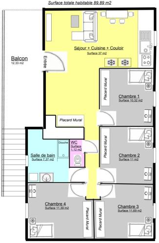 un plan d'étage d'une maison dans l'établissement K&N - Maison à partager avec d'autres voyageurs - Chambre privée - Jardin - Balcon, à Vaulx-en-Velin