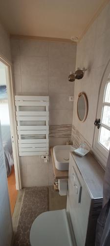 une petite salle de bain avec un lavabo et des toilettes dans l'établissement Le rêve bleu, à Cagnes-sur-Mer