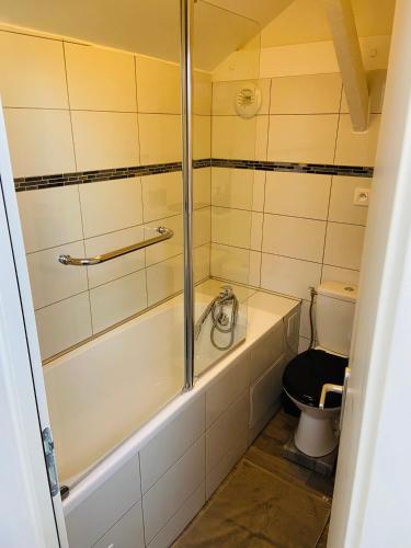 une salle de bain avec baignoire et toilettes dans l'établissement Le duplex Saint Gilles centre ville Baie de Somme, à Abbeville