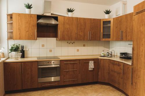 a kitchen with wooden cabinets and stainless steel appliances at ClickTheFlat Gdański Center Prestige Apart Rooms in Warsaw