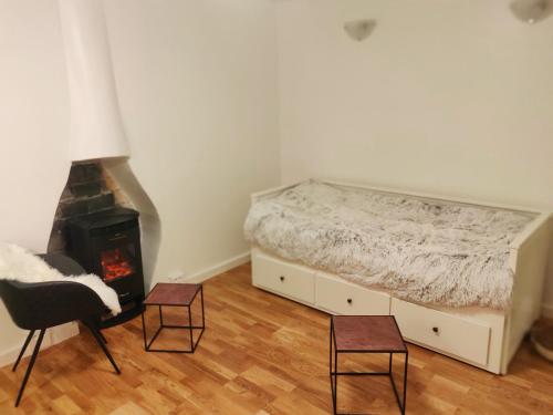 Schlafzimmer mit einem Bett, einem Kamin und einem Stuhl in der Unterkunft Chez Fanny. - studio Cosy Paris 21m2 Porte de Pantin. 2-3 pers in Le Pré-Saint-Gervais