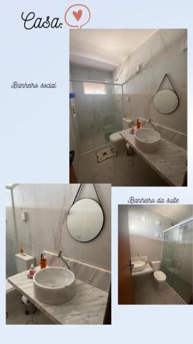 un collage de tres fotos de un baño con dos lavabos en CASA pRAIA NATAL RIO GRANDE DO NORTE, en Porto Alegre