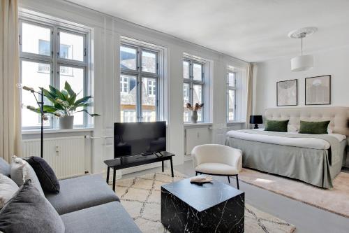 - un salon avec un lit et un canapé dans l'établissement Sanders City - Nimble One-Bedroom Apartment In the Lovely Capital, à Copenhague