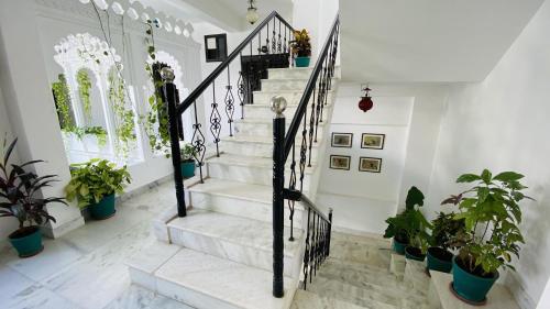 a staircase in a house with potted plants at Kotra Haveli A Boutique Hotel by Lake Pichola in Udaipur