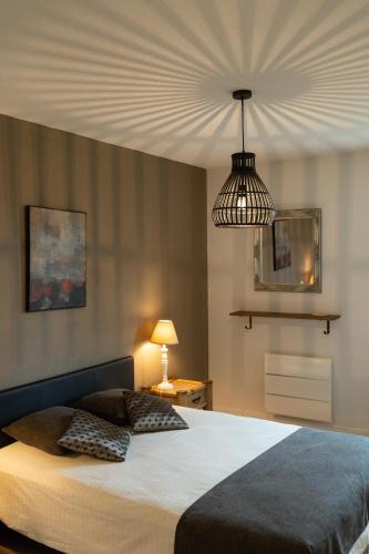 a bedroom with a large bed and a pendant light at Le Clos Bellevue Appartement T3 parking + piscine in Rodez