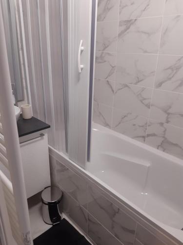une salle de bain blanche avec douche et toilettes dans l'établissement Duplex tout confort - circuit 24h - pôle santé sud - Centre des expositions - Technoparc, au Mans