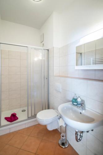 a bathroom with a toilet and a sink and a shower at Sporthotel Glück Auf Mönchenfrei in Brand-Erbisdorf