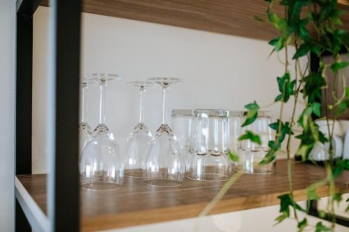 a row of wine glasses sitting on a shelf at Cosmo Napa Boutique Hotel in Ayia Napa