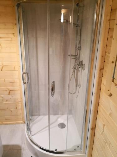 a shower with a glass door in a bathroom at Domki Wiosełko in Cieksyn