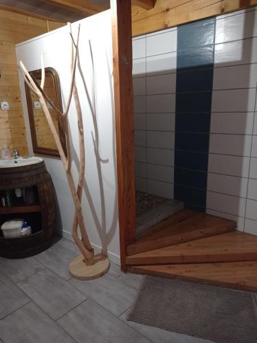 a shower in a bathroom with a wooden door at La Cave in Auzon