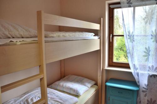a bunk bed room with two bunk beds next to a window at Ferienresidenz Chiemseestrand Nr. 8 in Chieming