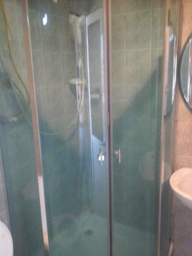 a shower with a glass door in a bathroom at Квартира в центре in Yerevan