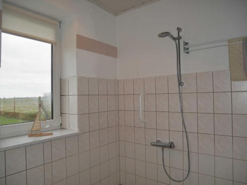 a shower in a bathroom with a window at Ferienwohnung Mecklenburgische Seenplatte in Schwichtenberg