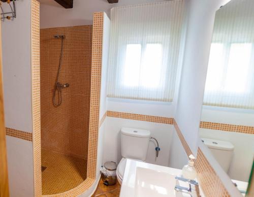 a bathroom with a shower and a toilet and a sink at Finca el Abuelo Manuel in Vejer de la Frontera