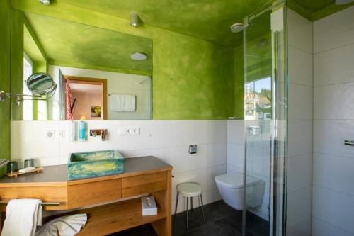 ein Badezimmer mit einer grünen Decke und einer Glasdusche in der Unterkunft Brauereigasthof Schäffler in Missen-Wilhams