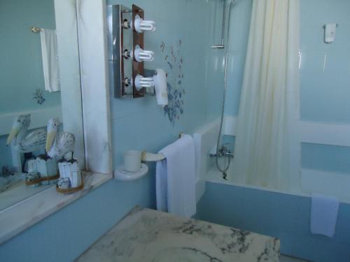 a blue bathroom with a shower and a sink at Boutique Hotel Marina S. Roque in Lagos