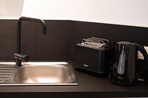 a kitchen counter with a sink and a toaster at Capsule Thailande I Sauna I Balnéo I Console I jeux en bois I Cinéma I cour intérieure in Trith-Saint-Léger