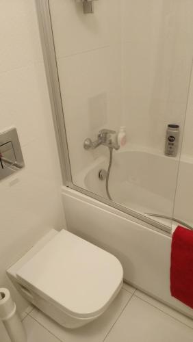 a white bathroom with a toilet and a shower at Baltic Beach View Porta Mare plaża in Dziwnówek