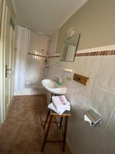 a white bathroom with a sink and a mirror at Gasthaus Holdermühle in Creglingen