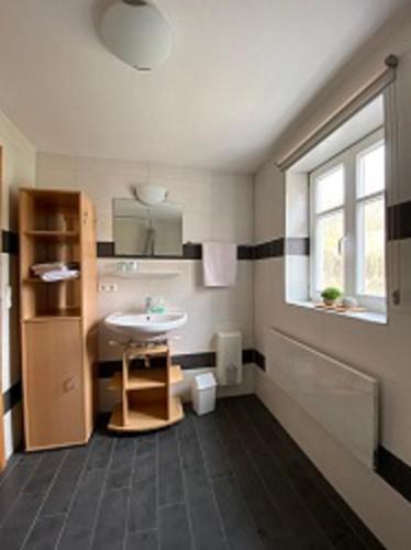 a small bathroom with a sink and a window at Gasthaus Holdermühle in Creglingen
