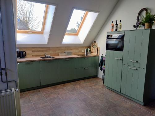 a kitchen with green cabinets and two windows at Grytmanshoeve, Vakantiehuis met glamping in Niawier