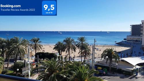 Port-Beach Alicante 1 في أليكانتي: اطلالة على شاطئ به نخل والمحيط