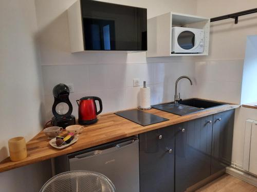 une petite cuisine avec un évier et un micro-ondes dans l'établissement Résidence Beauvau – Numéro 7 - Centre de SARLAT, à Sarlat-la-Canéda