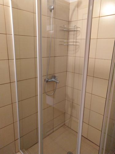 W łazience znajduje się prysznic ze szklanymi drzwiami. w obiekcie Guest House Kami w Bjałej