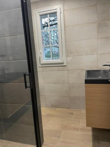 une salle de bain avec un lavabo et une fenêtre dans l'établissement Chez Jan et Nicole - Gite Toulouse, à Le Temple-sur-Lot