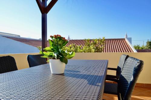 a table with a potted plant on a balcony at Villa ELTAEL - Rita Apartment - Warm pool until 5 Nov 2024 in Manta Rota