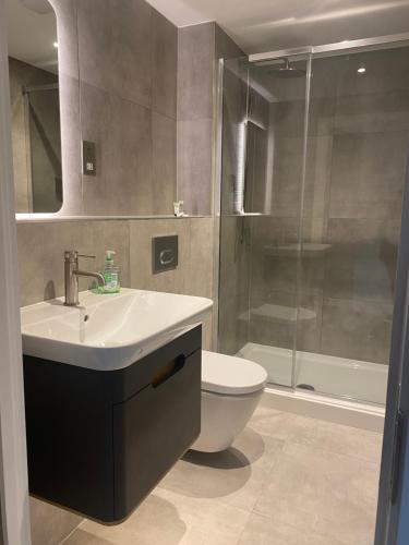 a bathroom with a sink and a toilet and a shower at Icona - Stylish 2 bed apartment in York