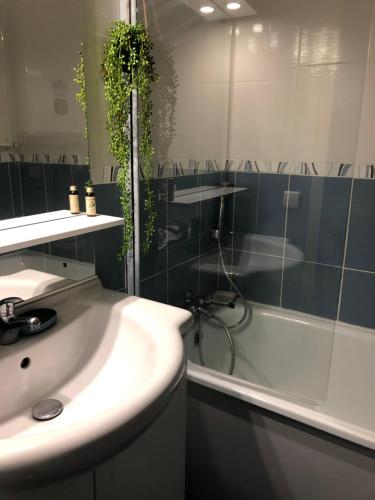 une salle de bain avec un lavabo, une baignoire et une douche dans l'établissement le chat perché, à Honfleur